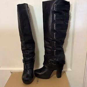 Black Buckle Strap Knee-High Boots